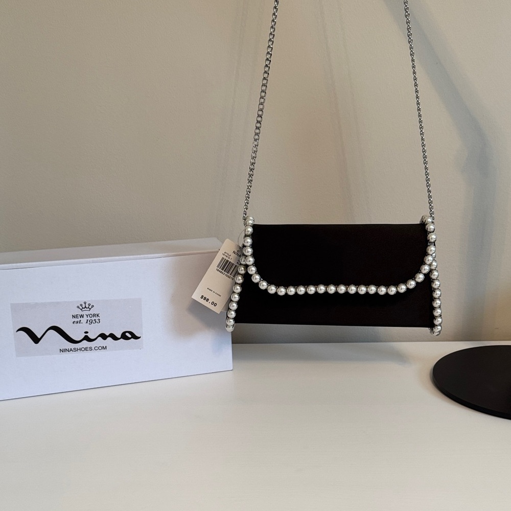 Nina Black Clutch with Pearl Accents